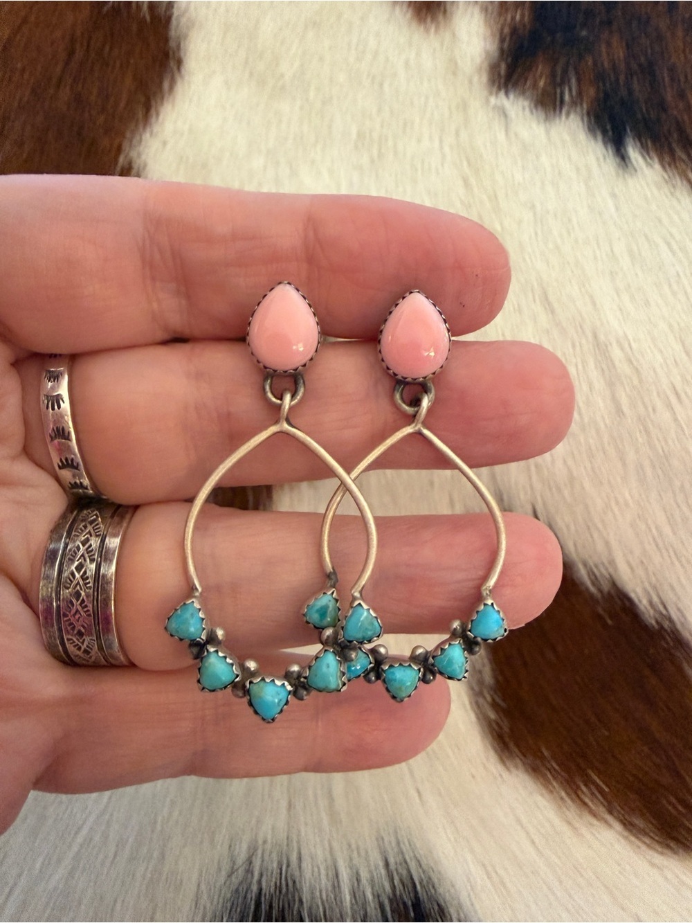 ❤️Queen Pink Conch Kingman Turquoise Matte Sterling Dangle 6 Stone Stud Earrings